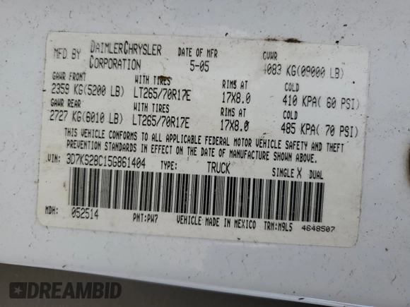 2005 Dodge 2500 SLT with VIN 3D7KS28C15G861404, listed as a Copart auction lot 55014625 with 375,107 mi miles and Salvage title. Bid and sale history available at DreamBid. Image 12.