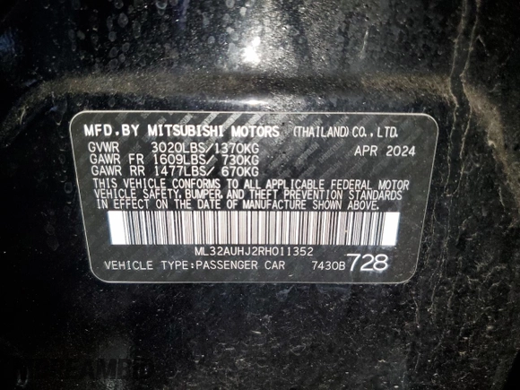 2024 Mitsubishi Mirage ES with VIN ML32AUHJ2RH011352, listed as a Copart auction lot 61589915 with 14,258 mi miles and Clean title. Bid and sale history available at DreamBid. Image 13.