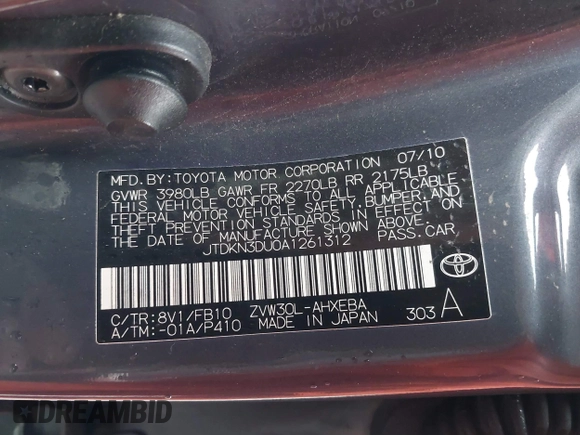 2010 Toyota Prius II with VIN JTDKN3DU0A1261312, listed as a IAAI auction lot 41812223 with 82,144 mi miles. Bid and sale history available at carsss.com. Image 9.