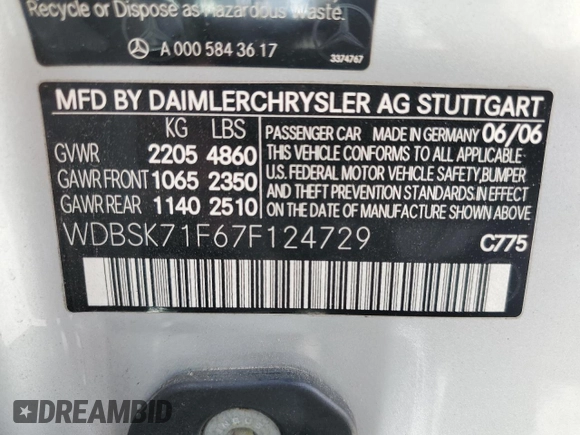 2007 Mercedes-Benz SL 550 z VIN WDBSK71F67F124729, wystawiony jako Copart lot #56720475 z przebiegiem 96 635 mil mil oraz Szkoda całkowita • Salvage title. Historia ofert i sprzedaży dostępna na DreamBid. Obrazek 12.