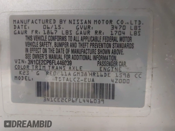 2015 Nissan Note S Plus with VIN 3N1CE2CP6FL446039, listed as a IAAI auction lot 41445429 with 110,948 mi miles and . Bid and sale history available at DreamBid. Image 9.