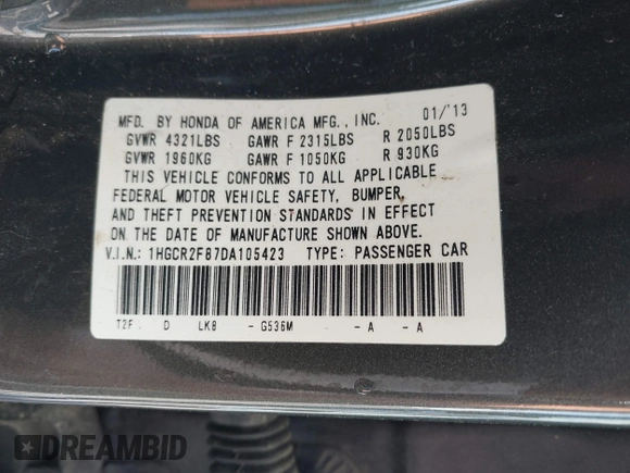 2013 Honda Accord EX-L with VIN 1HGCR2F87DA105423, listed as a IAAI auction lot 42027480 with Not Provided miles and . Bid and sale history available at DreamBid. Image 9.