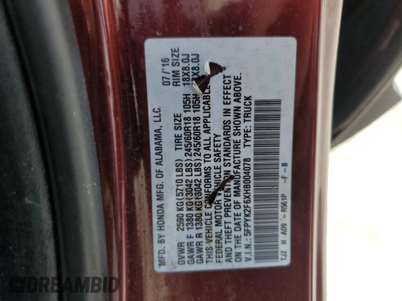 2017 Honda Ridgeline RTL-T with VIN 5FPYK2F6XHB004078, listed as a Copart auction lot 53120405 with 109,313 mi miles and Salvage title. Bid and sale history available at DreamBid. Image 13.