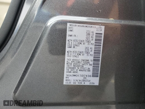 2015 Infiniti QX60 with VIN 5N1AL0MM1FC507436, listed as a Copart auction lot 50399365 with 80,006 mi miles and Salvage Title. Bid and sale history available at DreamBid. Image 13.