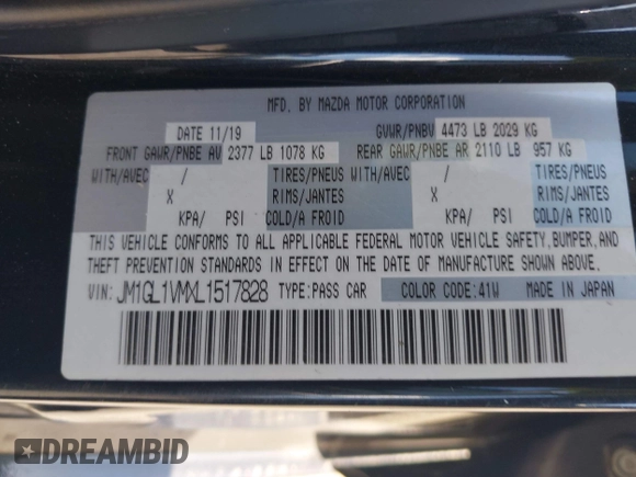 2020 Mazda 6 Touring with VIN JM1GL1VMXL1517828, listed as a IAAI auction lot 41511804 with 123,174 mi miles. Bid and sale history available at carsss.com. Image 9.