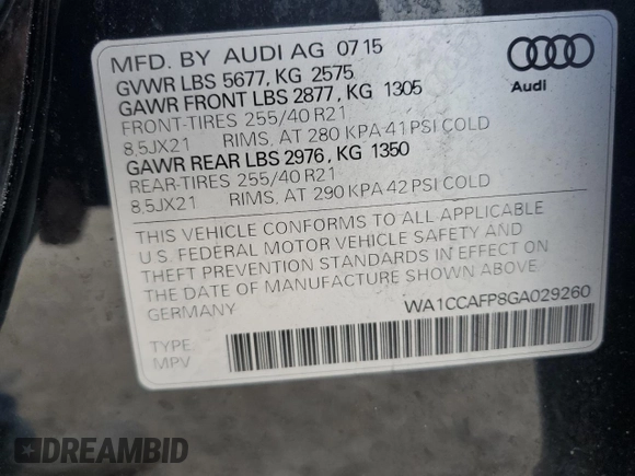 2016 Audi SQ5 Premium Plus with VIN WA1CCAFP8GA029260, listed as a Copart auction lot 82576794 with 105,941 mi miles and Salvage Title. Bid and sale history available at carsss.com. Image 13.