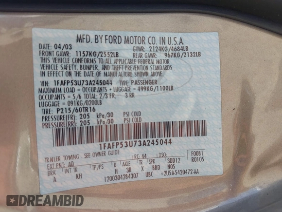 2003 Ford Taurus SE Standard with VIN 1FAFP53U73A245044, listed as a IAAI auction lot 41999582 with 85,870 mi miles. Bid and sale history available at carsss.com. Image 9.