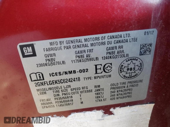 2012 Chevrolet Equinox LTZ with VIN 2GNFLGEK5C6242418, listed as a Copart auction lot 89406645 with 0 mi miles and Salvage Title. Bid and sale history available at carsss.com. Image 13.