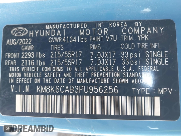 2023 Hyundai Kona SEL with VIN KM8K6CAB3PU956256, listed as a IAAI auction lot 41286226 with 24,973 mi miles. Bid and sale history available at carsss.com. Image 9.