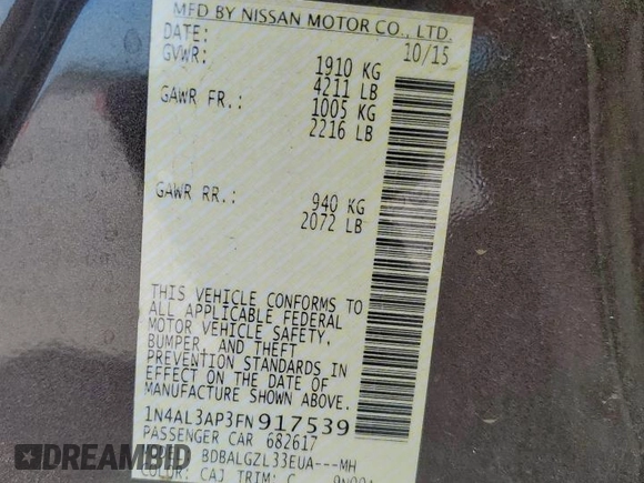 2015 Nissan Altima SL with VIN 1N4AL3AP3FN917539, listed as a Copart auction lot 52883995 with 109,409 mi miles and Clean title. Bid and sale history available at DreamBid. Image 12.