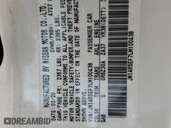 2020 Nissan GT-R Premium z VIN JN1AR5EF7LM100438, wystawiony jako Copart lot #81927084 z przebiegiem Nie podano mil oraz Szkody całkowita. Historia ofert i sprzedaży dostępna na DreamBid. Obrazek 13.