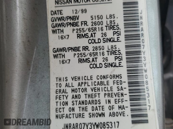 2000 Infiniti QX4 with VIN JNRAR07Y3YW085317, listed as a Copart auction lot 53807065 with 235,687 mi miles and Clean Title. Bid and sale history available at DreamBid. Image 13.