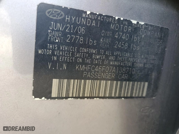 2007 Hyundai Azera SE with VIN KMHFC46F07A138710, listed as a Copart auction lot 71683434 with 0 mi miles and Salvage Title. Bid and sale history available at carsss.com. Image 12.