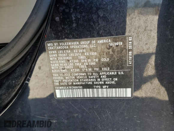 2019 Volkswagen Atlas SE with VIN 1V2WR2CA7KC609182, listed as a Copart auction lot 51703505 with 92,421 mi miles and Clean title. Bid and sale history available at DreamBid. Image 13.