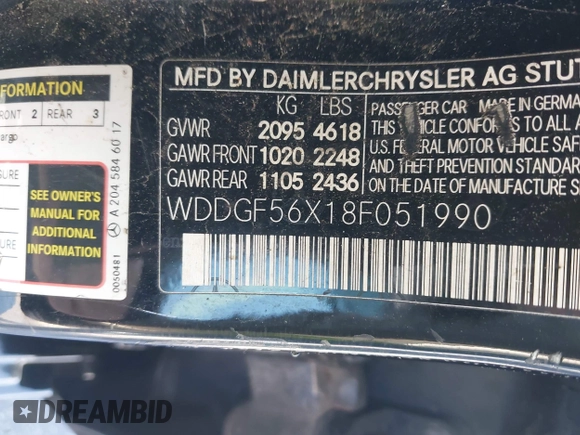 2008 Mercedes-Benz C 350 Sport with VIN WDDGF56X18F051990, listed as a IAAI auction lot 41958913 with 209,329 mi miles and . Bid and sale history available at DreamBid. Image 9.