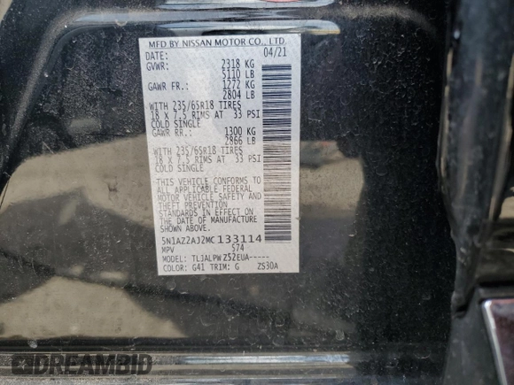 2021 Nissan Murano S with VIN 5N1AZ2AJ2MC133114, listed as a Copart auction lot 53856055 with 35,886 mi miles and Salvage title. Bid and sale history available at DreamBid. Image 12.