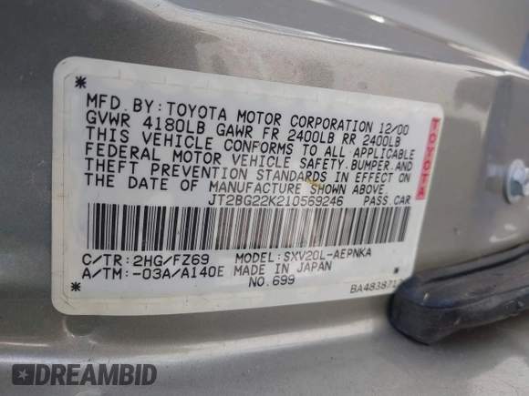 2001 Toyota Camry CE z VIN JT2BG22K210569246, wystawiony jako IAAI lot #41807555 z przebiegiem 79 226 mil mil oraz . Historia ofert i sprzedaży dostępna na DreamBid. Obrazek 9.