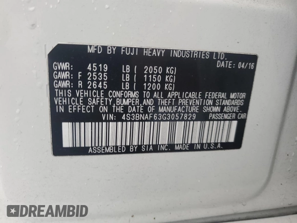 2016 Subaru Legacy Premium with VIN 4S3BNAF63G3057829, listed as a Copart auction lot 61164595 with 191,889 mi miles and Salvage title. Bid and sale history available at DreamBid. Image 12.