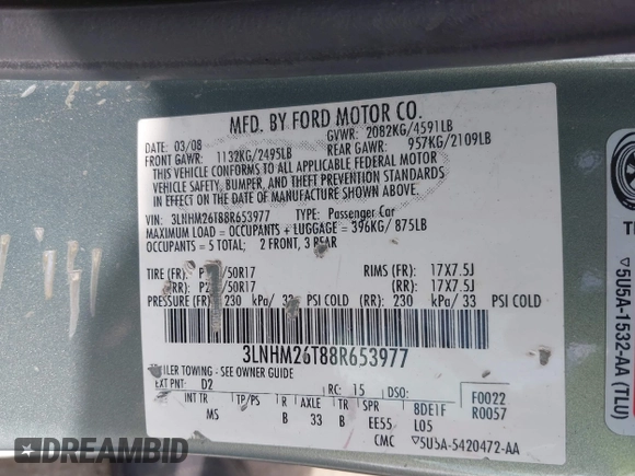 2008 Lincoln MKZ with VIN 3LNHM26T88R653977, listed as a IAAI auction lot 41922309 with 125,240 mi miles and . Bid and sale history available at DreamBid. Image 9.