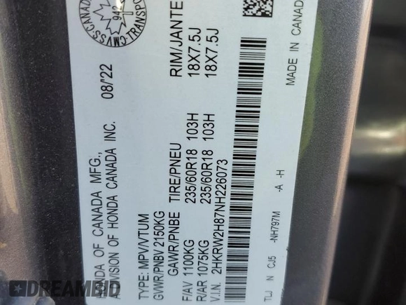 2022 Honda CR-V EX-L with VIN 2HKRW2H87NH226073, listed as a Copart auction lot 54881405 with 23,608 mi miles and Salvage title. Bid and sale history available at DreamBid. Image 14.