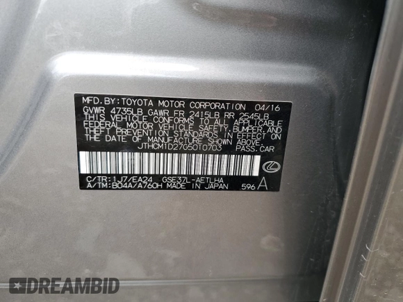 2016 Lexus IS 300/350 with VIN JTHCM1D27G5010703, listed as a Copart auction lot 58525745 with 50,046 mi miles and Salvage title. Bid and sale history available at DreamBid. Image 12.