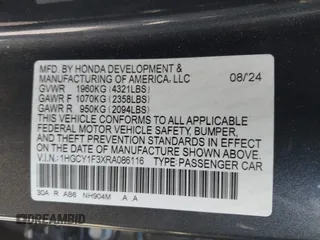 2024 Honda Accord EX с VIN 1HGCY1F3XRA086116, выставлен на аукционе IAAI как лот 42067145 с пробегом 28 879 миль миль и . История ставок и продаж доступна на DreamBid. Изображение 9.