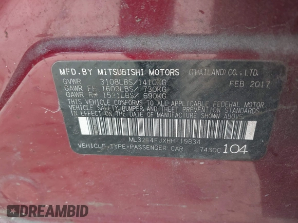 2017 Mitsubishi Mirage G4 SE with VIN ML32F4FJXHHF19834, listed as a IAAI auction lot 41309253 with 101,491 mi miles. Bid and sale history available at carsss.com. Image 9.