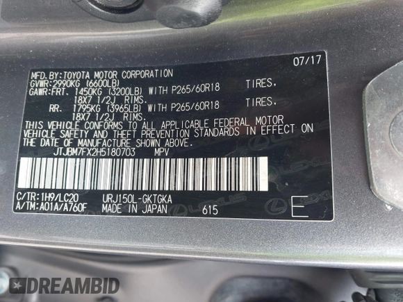 2017 Lexus GX 460 with VIN JTJBM7FX2H5180703, listed as a IAAI auction lot 42076509 with 92,417 mi miles and . Bid and sale history available at DreamBid. Image 9.