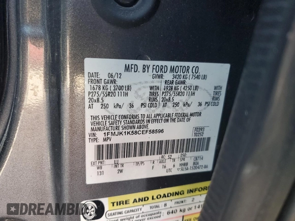 2012 Ford Expedition Max Limited with VIN 1FMJK1K58CEF58596, listed as a Copart auction lot 51736665 with 167,533 mi miles and Salvage Title. Bid and sale history available at DreamBid. Image 15.