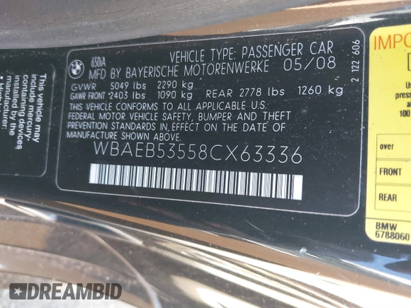 2008 BMW 6 Series 650i with VIN WBAEB53558CX63336, listed as a IAAI auction lot 41780773 with 169,556 mi miles. Bid and sale history available at carsss.com. Image 9.