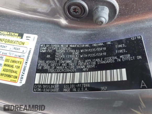 2019 Toyota Sienna XLE Auto Access Seat with VIN 5TDYZ3DC7KS994001, listed as a IAAI auction lot 41145968 with 14,024 mi miles. Bid and sale history available at carsss.com. Image 9.