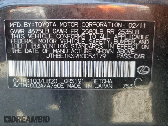 2011 Lexus GS 350 with VIN JTHBE1KS9B0053179, listed as a Copart auction lot 55224285 with 168,765 mi miles and Salvage Title. Bid and sale history available at DreamBid. Image 12.