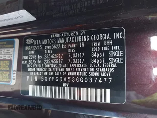 2016 Kia Sorento LX with VIN 5XYPGDA53GG037477, listed as a IAAI auction lot 42048897 with 124,482 mi miles and . Bid and sale history available at DreamBid. Image 9.
