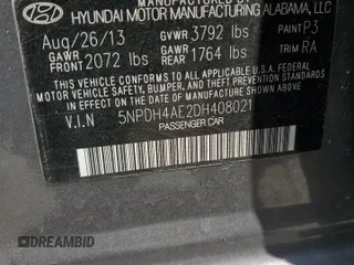 2013 Hyundai Elantra GLS with VIN 5NPDH4AE2DH408021, listed as a Copart auction lot 60660675 with 75,026 mi miles and Salvage title. Bid and sale history available at DreamBid. Image 12.