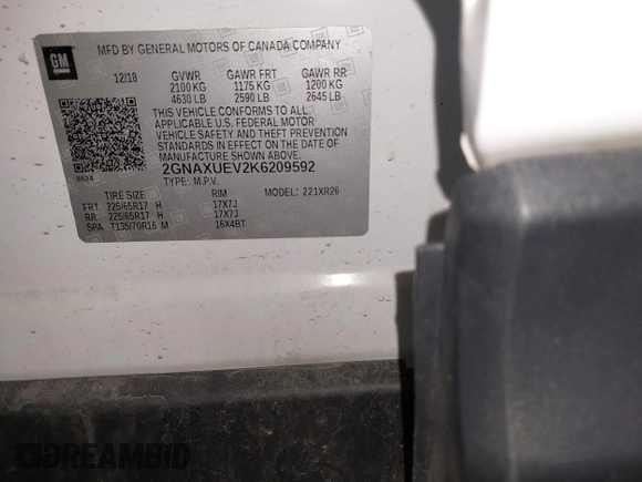 2019 Chevrolet Equinox LT z VIN 2GNAXUEV2K6209592, wystawiony jako IAAI lot #41784185 z przebiegiem 56 709 mil mil oraz . Historia ofert i sprzedaży dostępna na DreamBid. Obrazek 9.