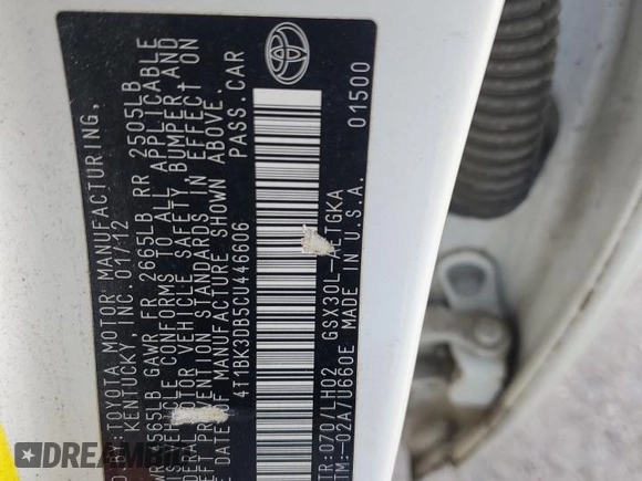 2012 Toyota Avalon with VIN 4T1BK3DB5CU446606, listed as a Copart auction lot 54495895 with 177,710 mi miles and Salvage Title. Bid and sale history available at carsss.com. Image 12.