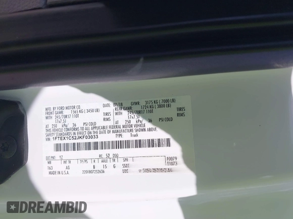 2018 Ford F-150 XL с VIN 1FTEX1C52JKF03033, выставлен на аукционе IAAI как лот 40956736 с пробегом Не указан миль и . История ставок и продаж доступна на DreamBid. Изображение 9.