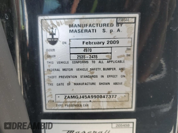 2009 Maserati GranTurismo с VIN ZAMGJ45A990047377, выставлен на аукционе Copart как лот 60991755 с пробегом 95 562 миль миль и Чистый • Clean title. История ставок и продаж доступна на DreamBid. Изображение 12.
