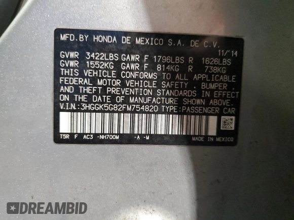 2015 Honda Fit EX with VIN 3HGGK5G82FM754820, listed as a Copart auction lot 55671125 with 111,603 mi miles and Salvage title. Bid and sale history available at DreamBid. Image 12.