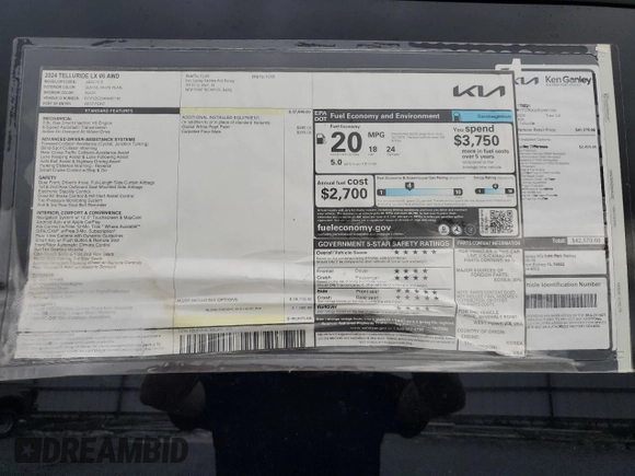 2024 Kia Telluride LX z VIN 5XYP2DGC0RG461190, wystawiony jako Copart lot #81030604 z przebiegiem 41 mil mil oraz Szkoda całkowita • Salvage title. Historia ofert i sprzedaży dostępna na DreamBid. Obrazek 13.
