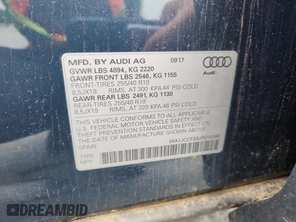 2018 Audi Q3 Premium Plus with VIN WA1JCCFS9JR014346, listed as a Copart auction lot 57994735 with 112,426 mi miles and Salvage title. Bid and sale history available at DreamBid. Image 13.
