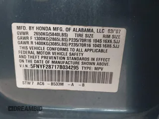 2007 Honda Pilot EX-L with VIN 5FNYF28717B034295, listed as a IAAI auction lot 41631628 with 195,572 mi miles. Bid and sale history available at carsss.com. Image 9.