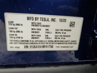 2021 Tesla Model S 90D с VIN 5YJSA1E41MF417786, выставлен на аукционе Copart как лот 80053264 с пробегом 42 755 миль миль и Списание • Salvage title. История ставок и продаж доступна на DreamBid. Изображение 14.