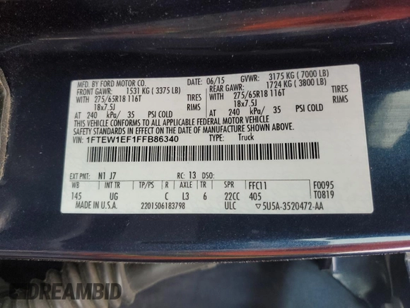 2015 Ford F-150 XLT z VIN 1FTEW1EF1FFB86340, wystawiony jako Copart lot #56574475 z przebiegiem 108 958 mil mil oraz Szkoda całkowita • Salvage title. Historia ofert i sprzedaży dostępna na DreamBid. Obrazek 12.