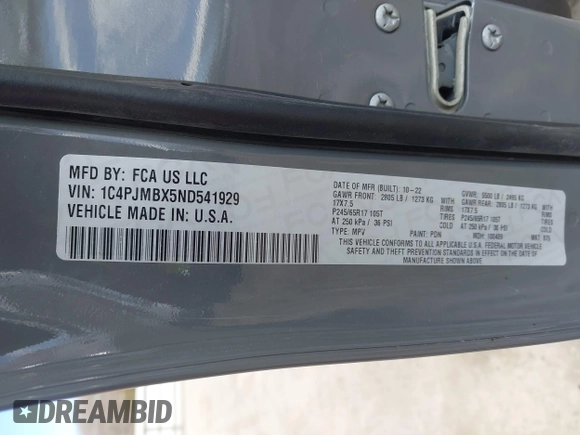 2022 Jeep Cherokee Trailhawk with VIN 1C4PJMBX5ND541929, listed as a IAAI auction lot 41815823 with 68,112 mi miles and . Bid and sale history available at DreamBid. Image 9.