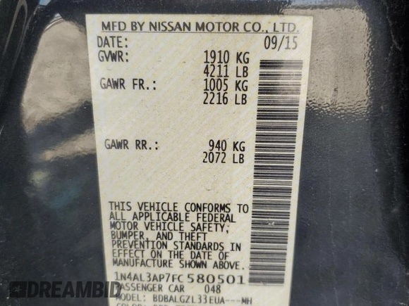 2015 Nissan Altima SV with VIN 1N4AL3AP7FC580501, listed as a Copart auction lot 50876125 with 35,637 mi miles and Salvage Title. Bid and sale history available at DreamBid. Image 12.