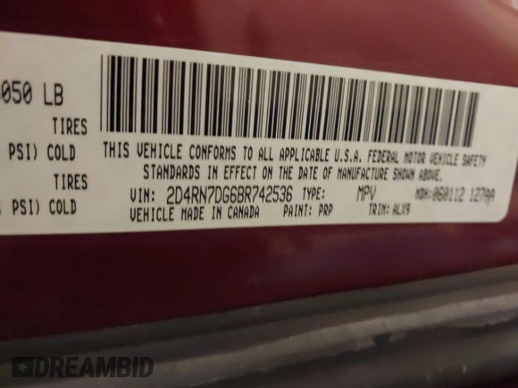 2011 Dodge Grand Caravan R/T with VIN 2D4RN7DG6BR742536, listed as a IAAI auction lot 41689609 with 173,028 mi miles and . Bid and sale history available at DreamBid. Image 9.