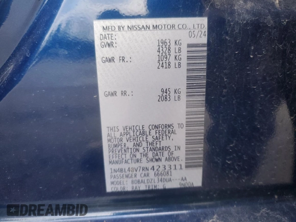 2024 Nissan Altima S with VIN 1N4BL4BV7RN423311, listed as a Copart auction lot 48286655 with 17,265 mi miles and Salvage Title. Bid and sale history available at carsss.com. Image 12.