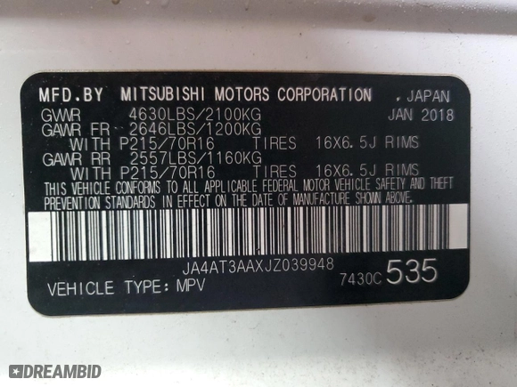 2018 Mitsubishi Eclipse Cross ES with VIN JA4AT3AAXJZ039948, listed as a Copart auction lot 42879785 with 66,260 mi miles and Salvage Title. Bid and sale history available at carsss.com. Image 16.