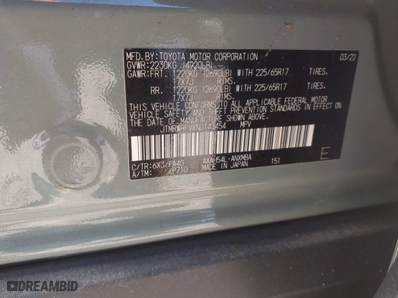 2022 Toyota RAV4 Hybrid XLE with VIN JTMRWRFVXND143454, listed as a IAAI auction lot 41702292 with 25,455 mi miles. Bid and sale history available at carsss.com. Image 9.